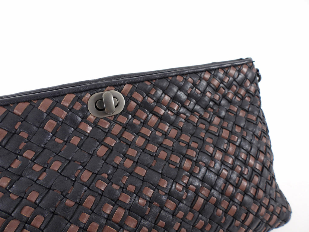 Bottega Veneta Black and Brown Intrecciato Leather Chain Bag