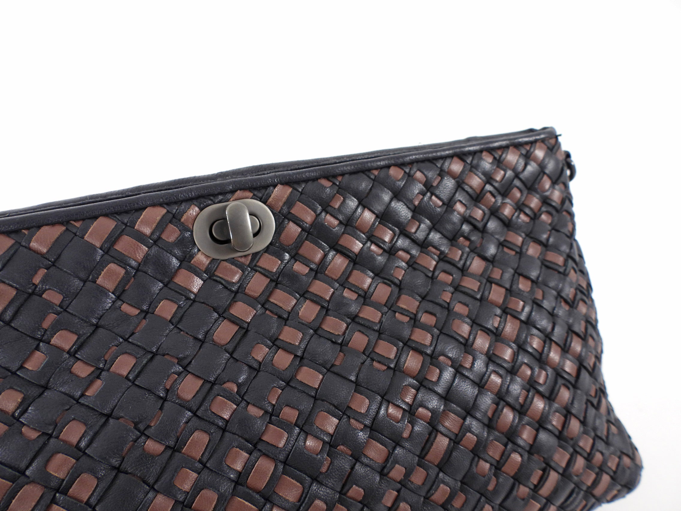 Bottega Veneta Black and Brown Intrecciato Leather Chain Bag