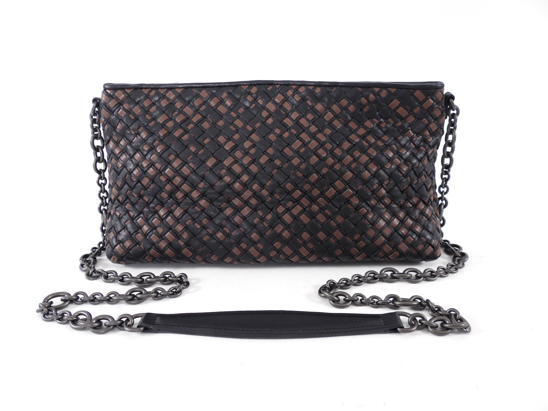 Bottega Veneta Black and Brown Intrecciato Leather Chain Bag