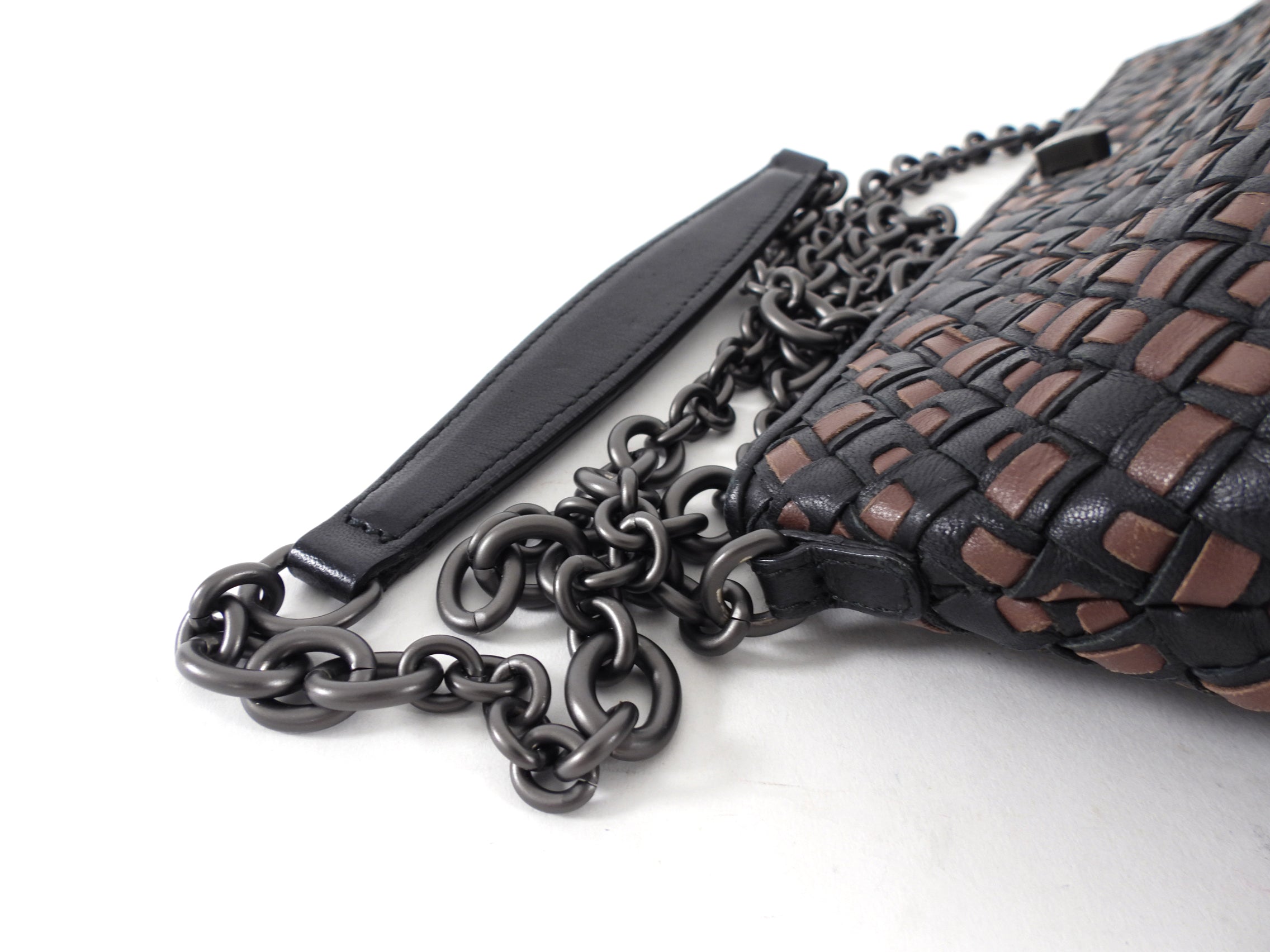 Bottega Veneta Black and Brown Intrecciato Leather Chain Bag