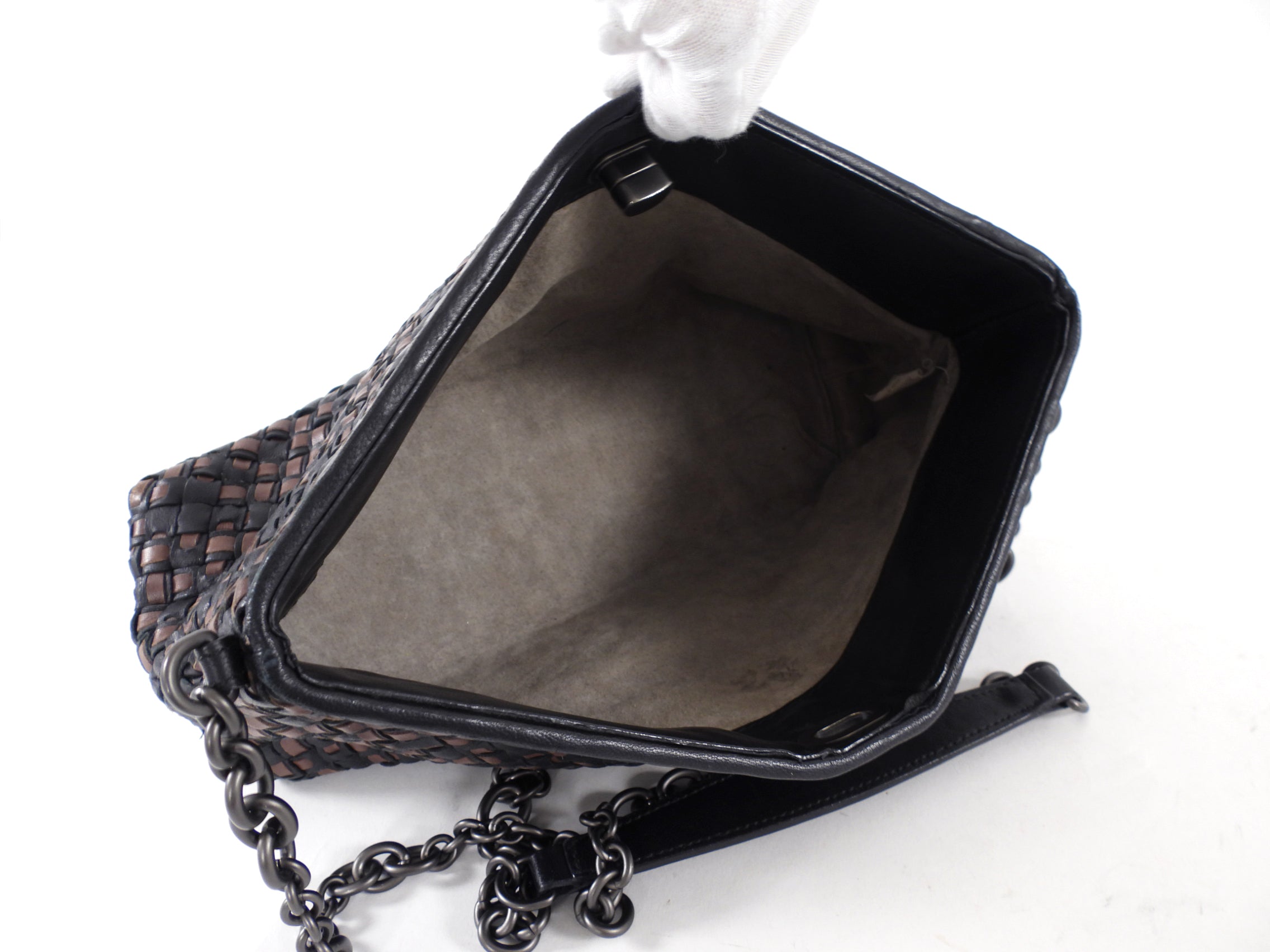 Bottega Veneta Black and Brown Intrecciato Leather Chain Bag