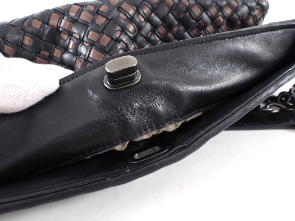Bottega Veneta Black and Brown Intrecciato Leather Chain Bag