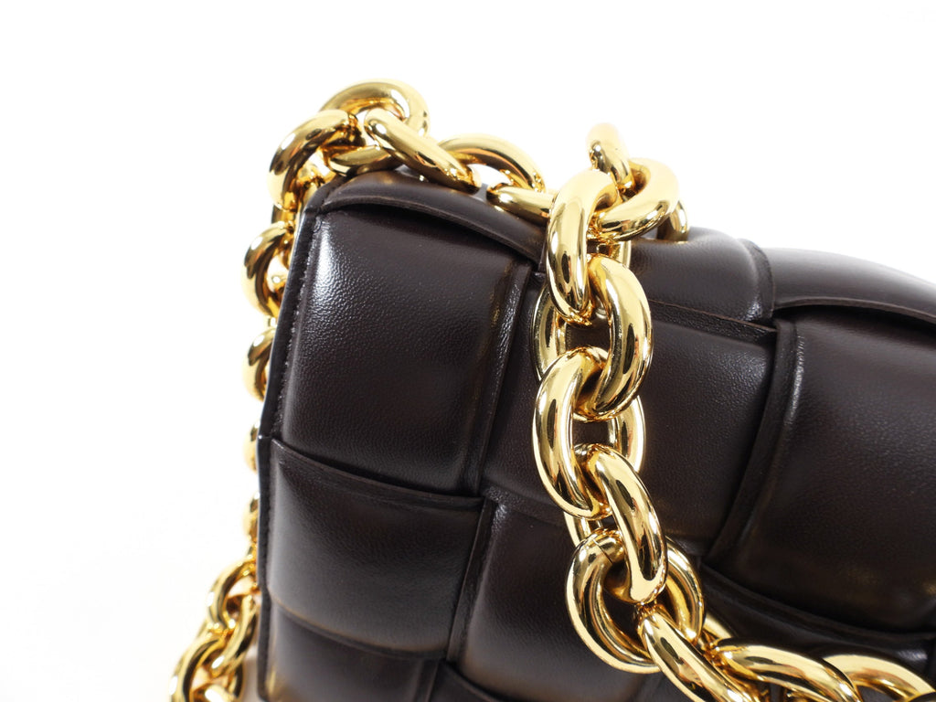 Bottega Veneta Padded Casette Chain Dark Brown Leather Bag