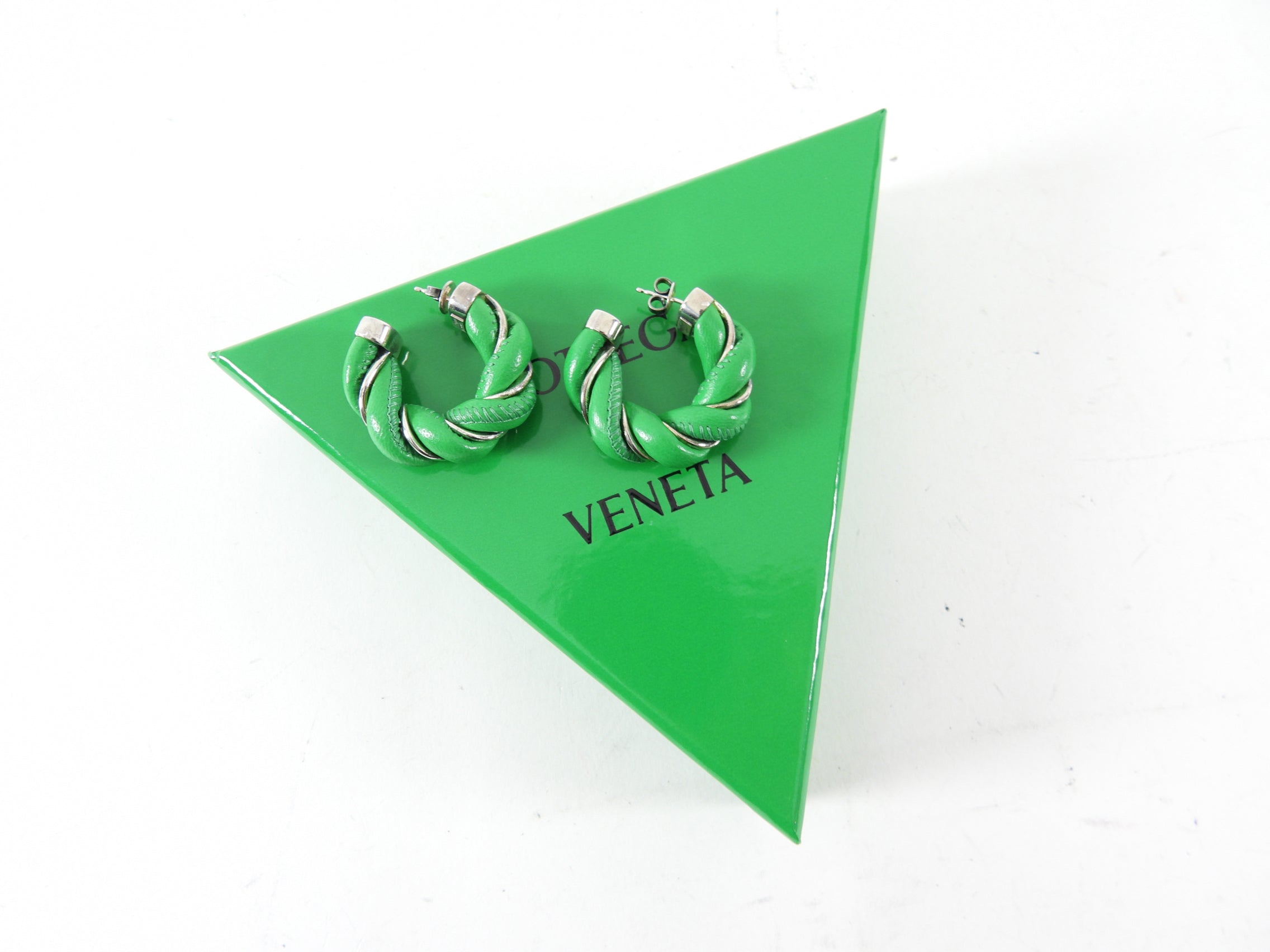 Bottega Veneta Green Leather Twist Hoop Earrings