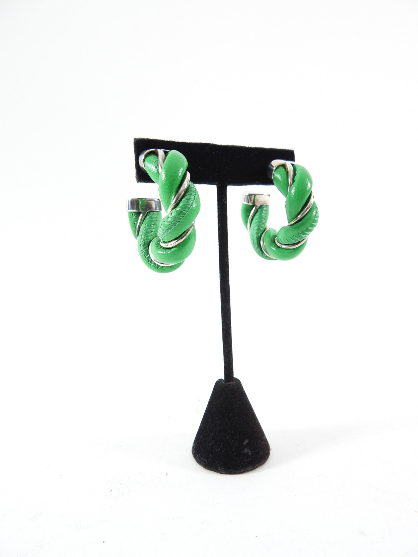 Bottega Veneta Green Leather Twist Hoop Earrings