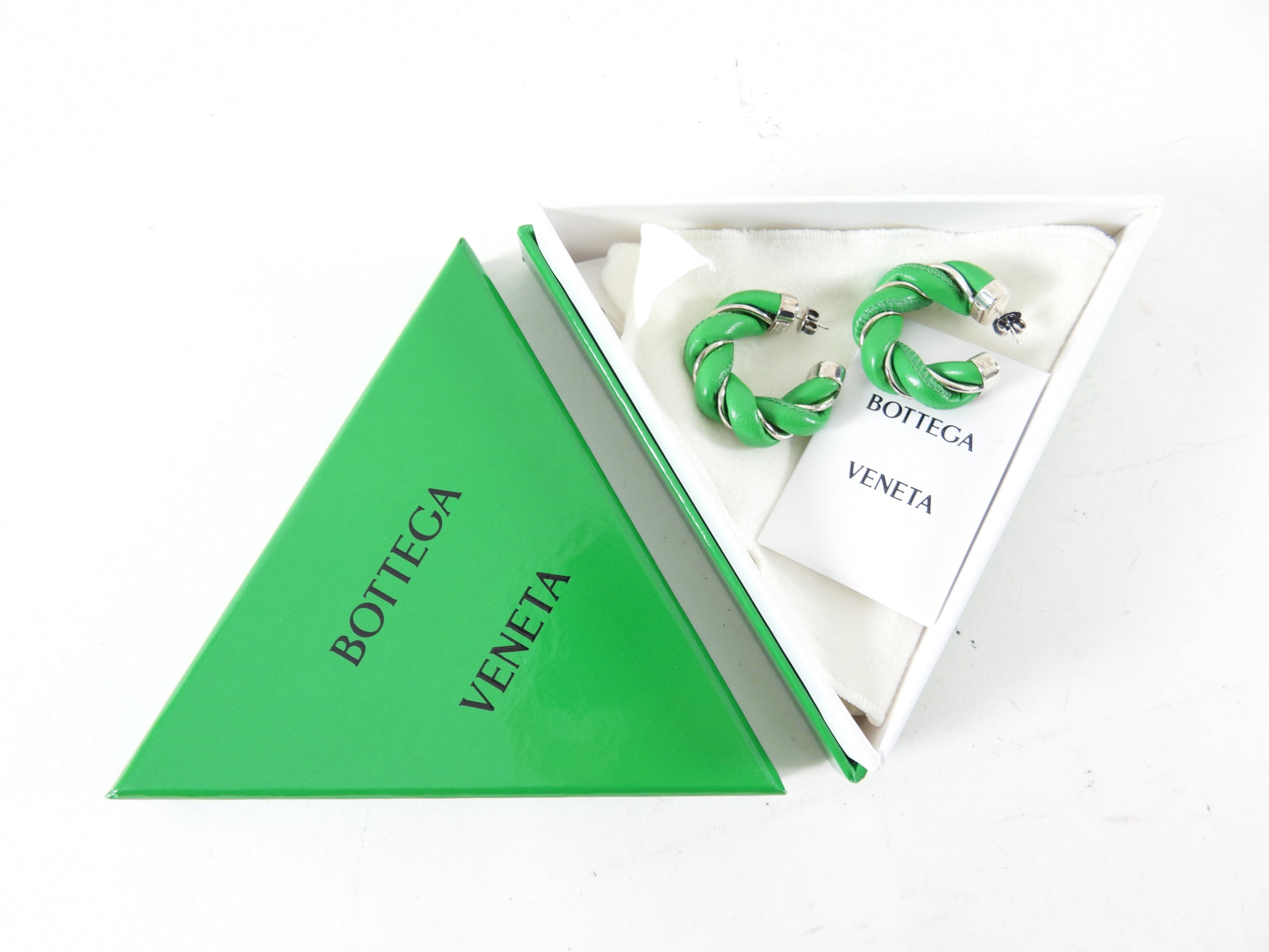 Bottega Veneta Green Leather Twist Hoop Earrings