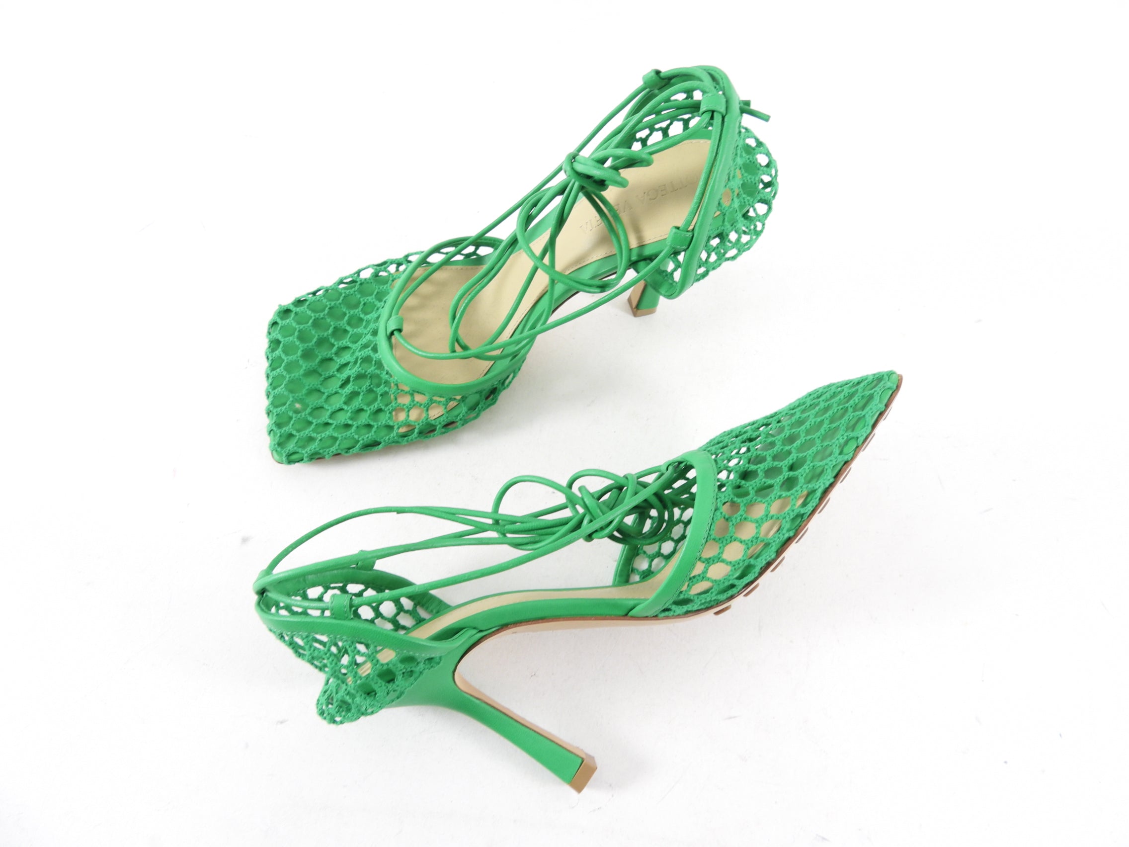 Bottega Veneta Grass Green Mesh Wrap Tie Heels - 37.5