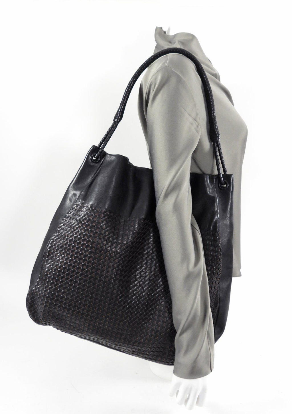 Bottega Veneta Large Black and Brown Woven Leather Hobo Bag