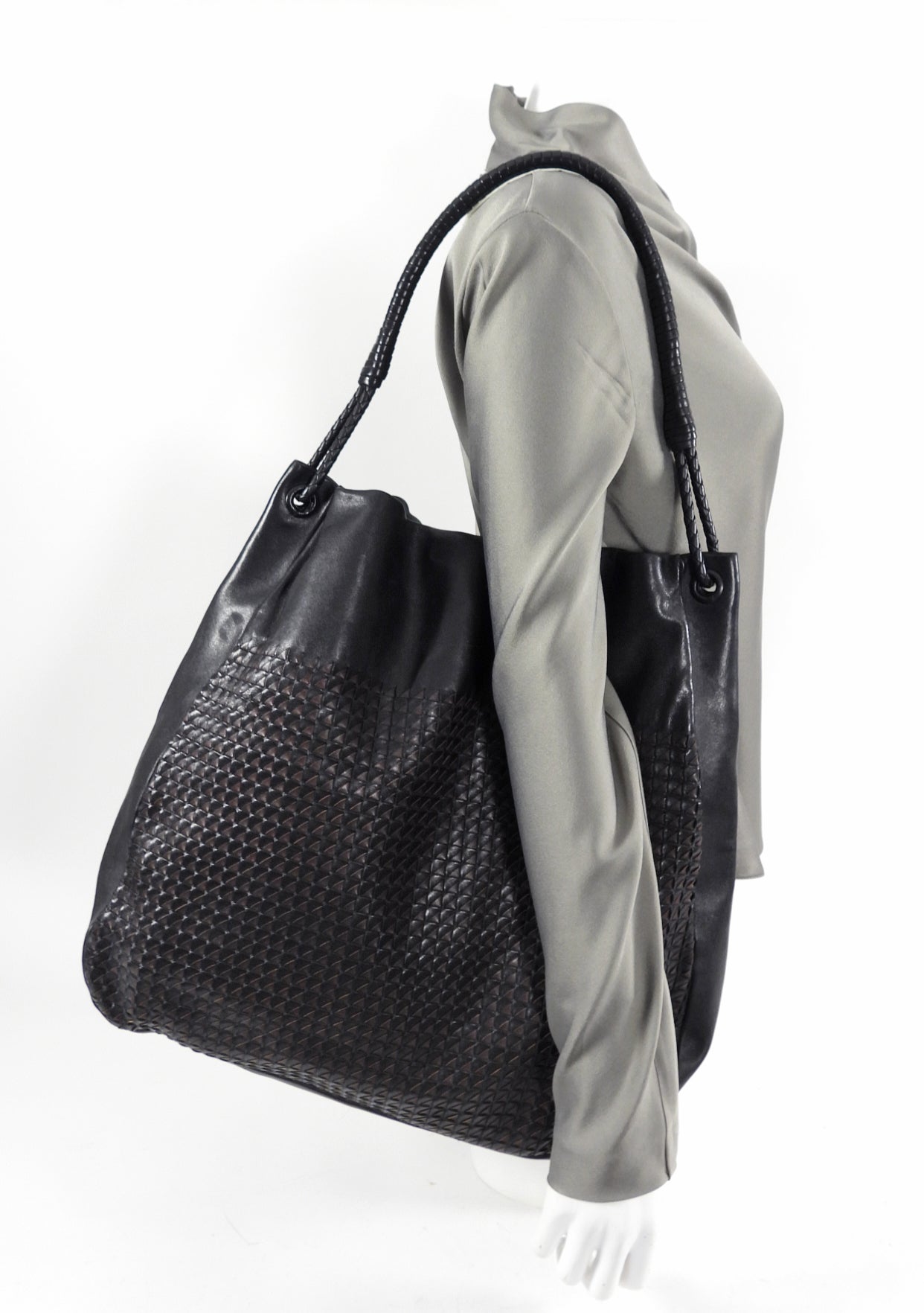 Bottega Veneta Large Black and Brown Woven Leather Hobo Bag