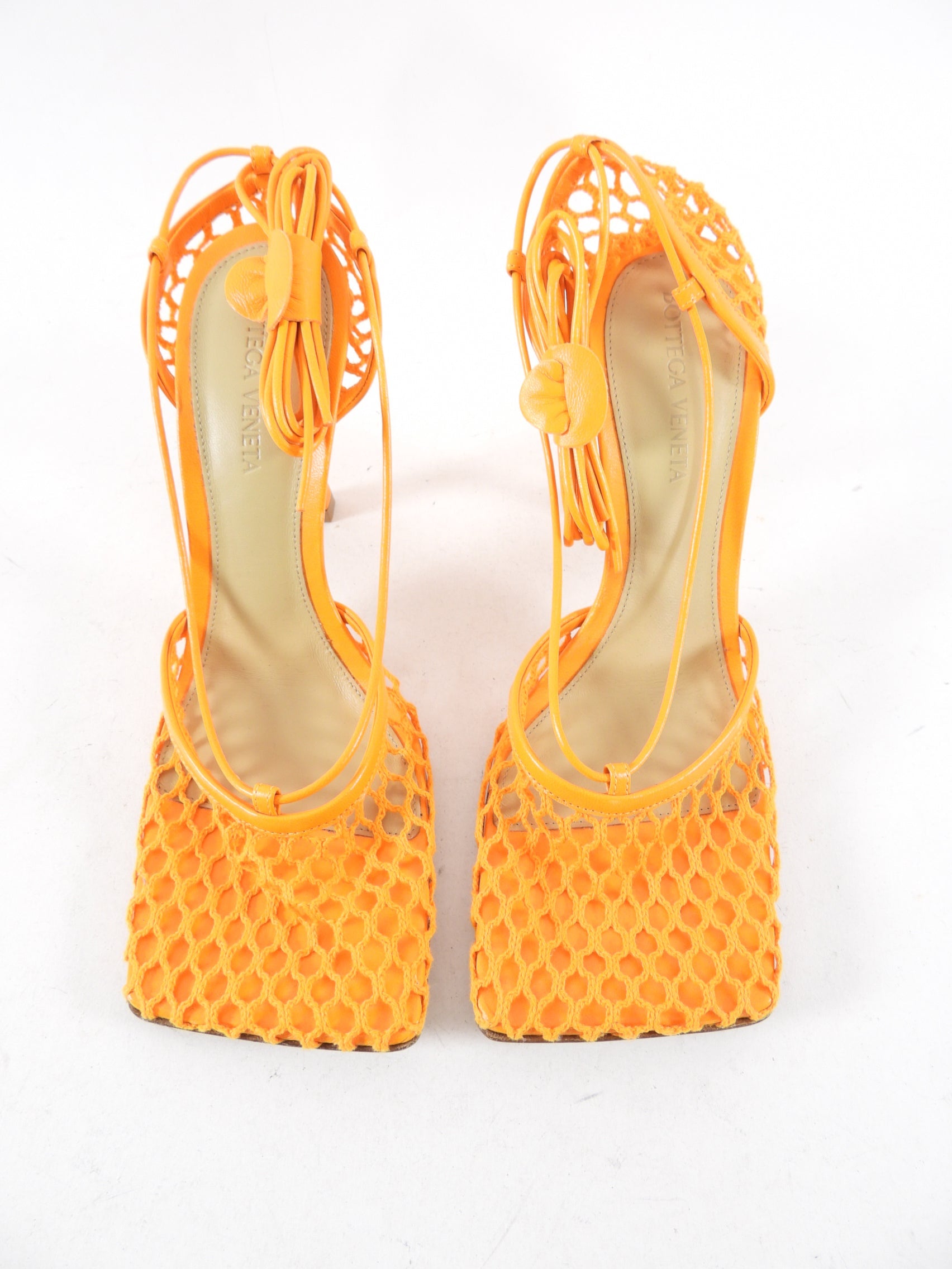 Bottega Veneta Orange Mesh Wrap Tie Heels - 37.5