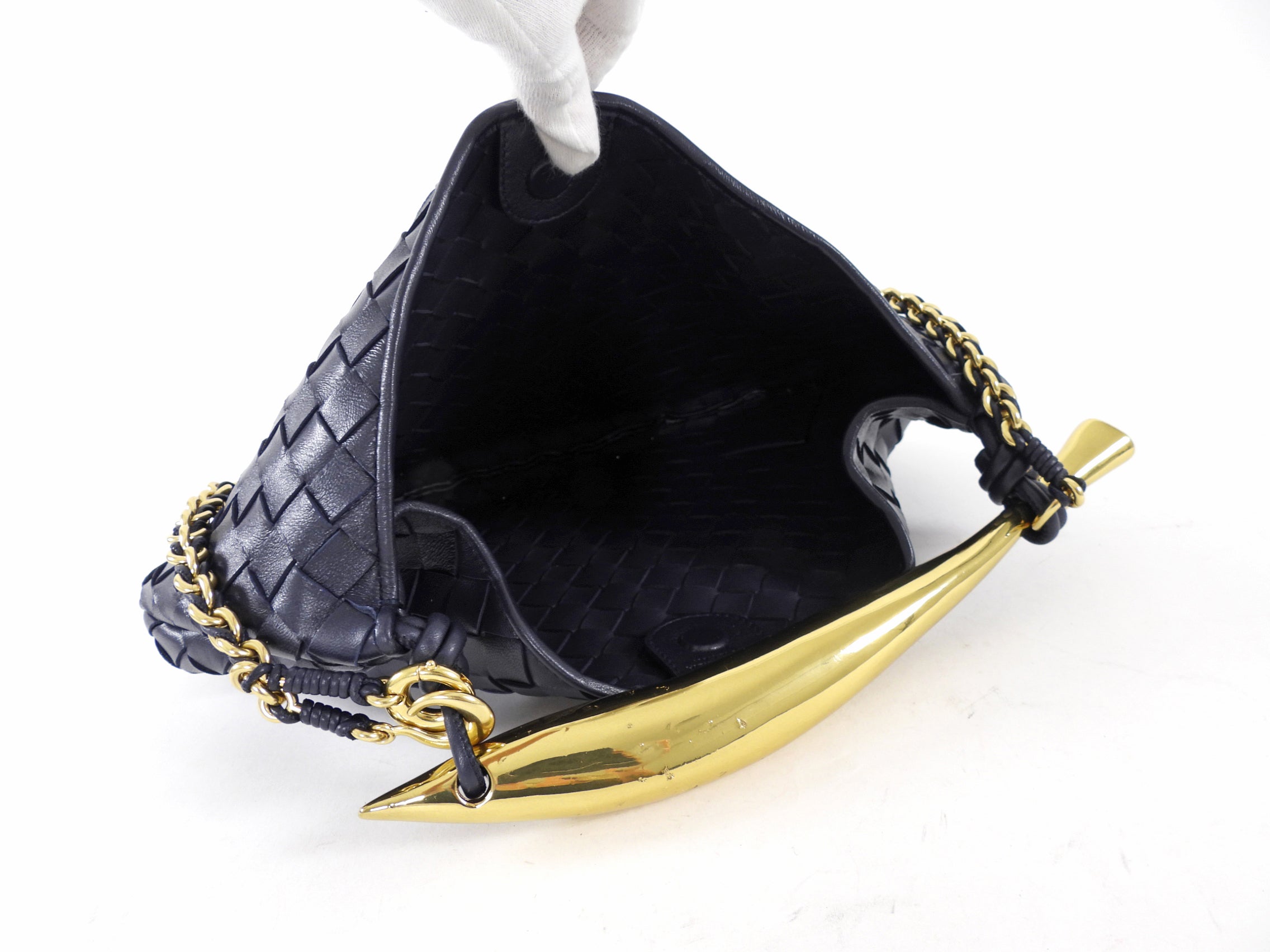Bottega Veneta Navy Intrecciato Leather Medium Sardine Chain Bag