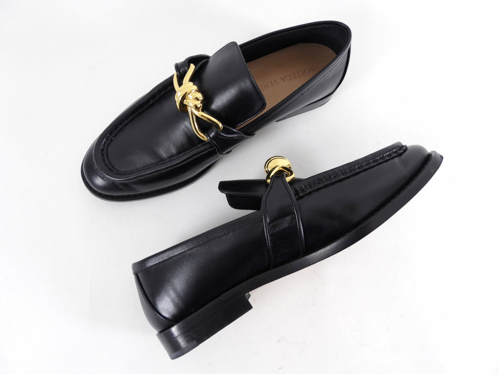 Bottega Veneta Black Leather and Gold Metal Astaire Loafer - 39.5