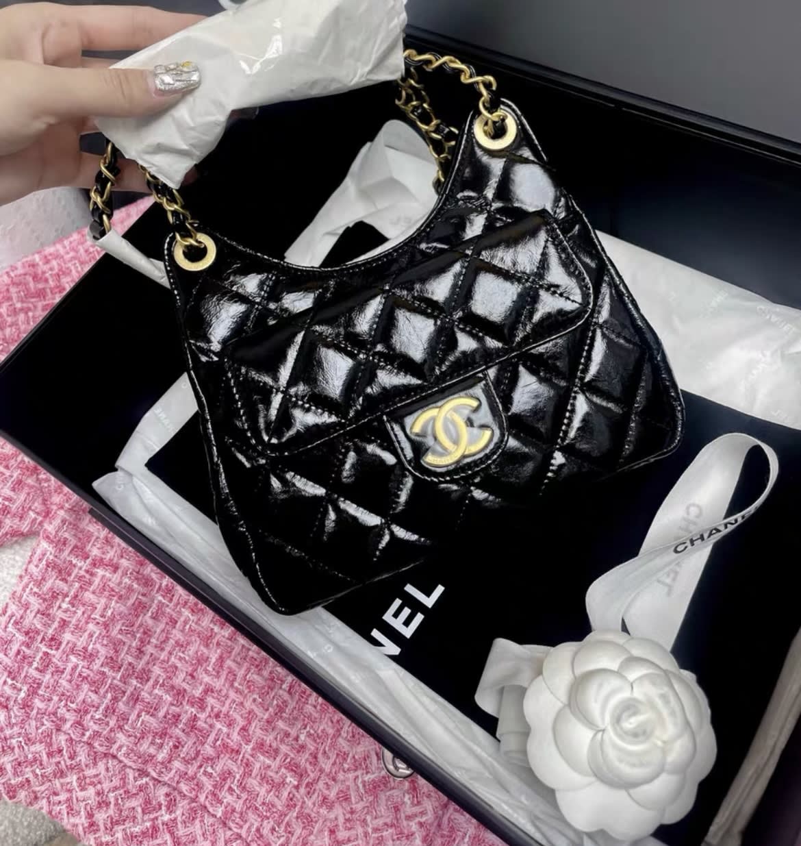 Chanel Hobo Small Bag In Shiny Crumpled Calfskin With Gold Hardware Black
