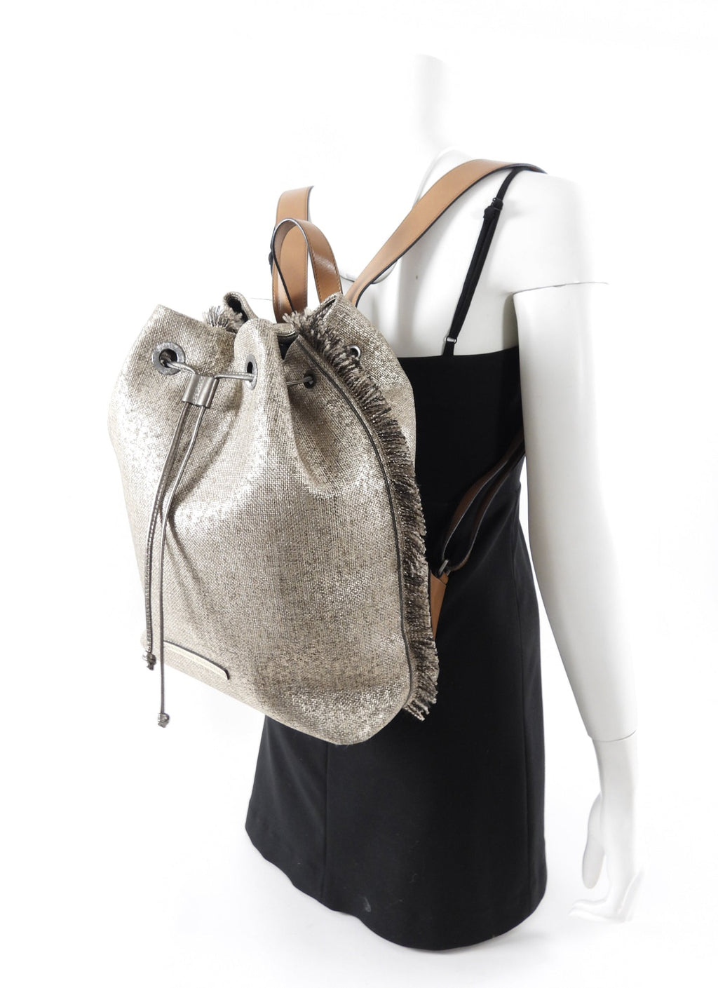 Brunello Cucinelli Gold Metallic Canvas Fringe Backpack