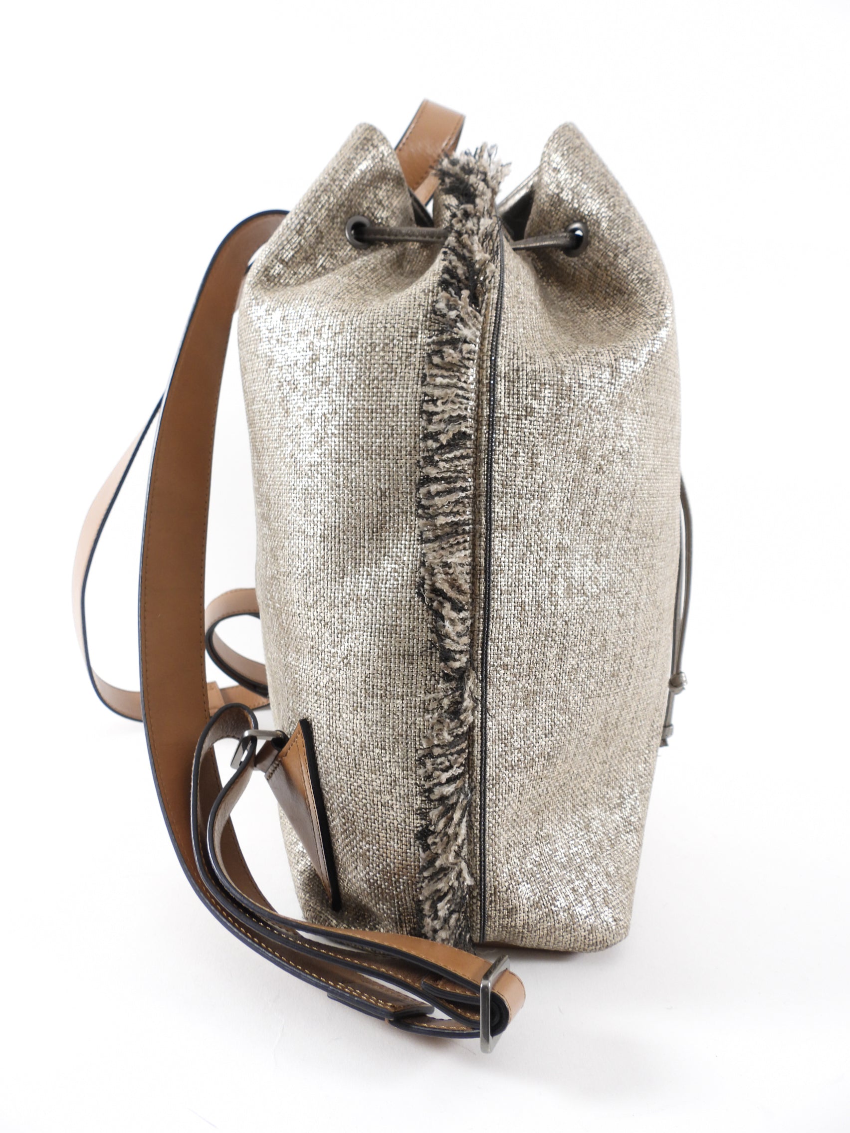 Brunello Cucinelli Gold Metallic Canvas Fringe Backpack