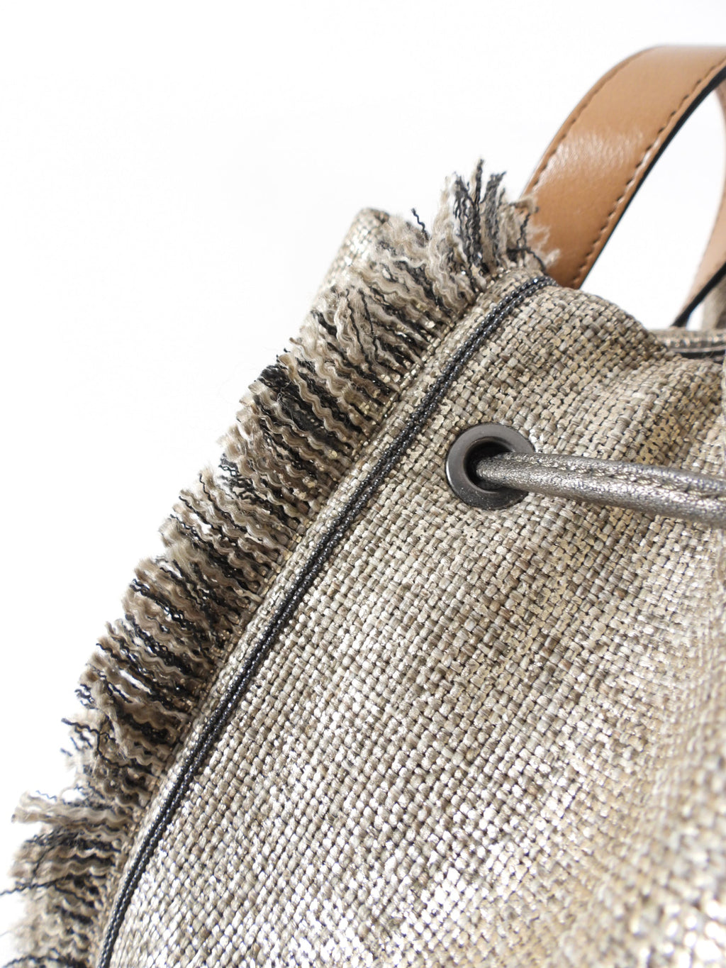 Brunello Cucinelli Gold Metallic Canvas Fringe Backpack
