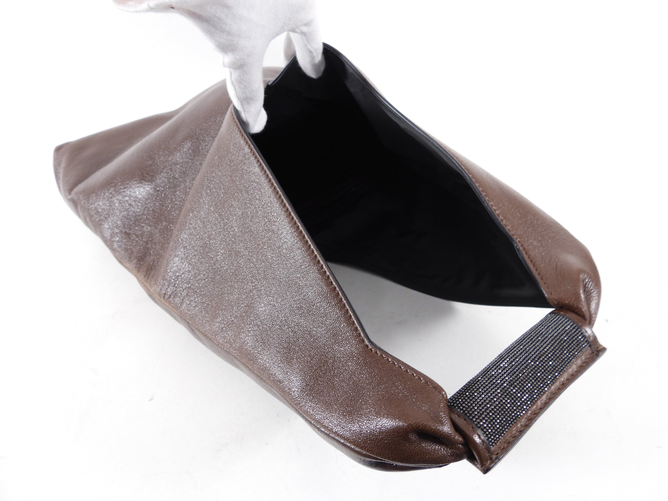 Brunello Cucinelli Brown Leather Monili Detail Shoulder Bag