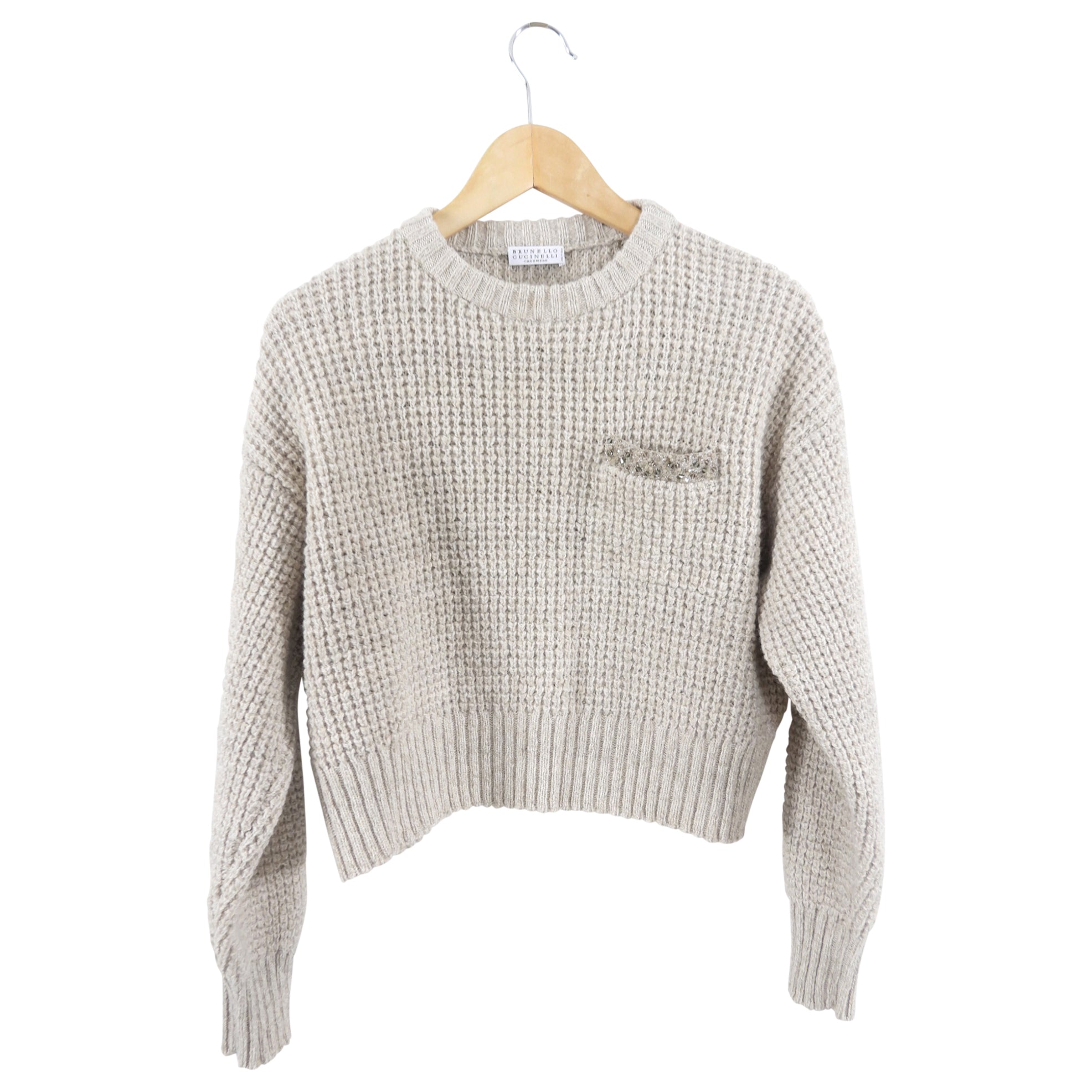 Brunello Cucinelli Light Greige Cashmere Crop Sweater with Bead Detail - S