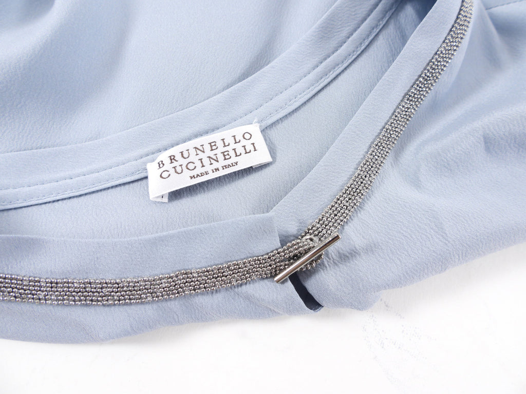 Brunello Cucinelli Steel Blue Silk Tank with Monili Trim - S (4/6)