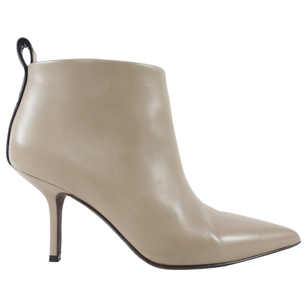 Brunello Cucinelli Taupe Leather Pointed Monili Ankle Boot - 37
