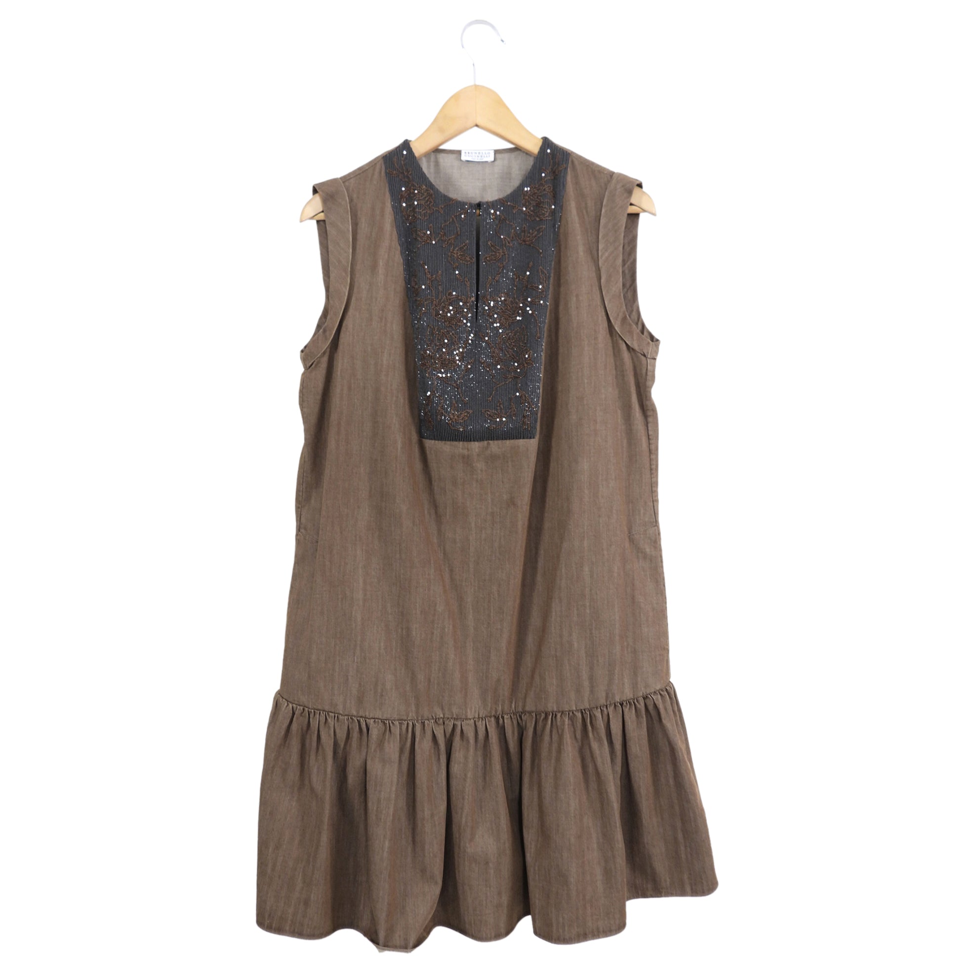 Brunello Cucinelli Brown Denim Sleeveless Monili Bead Dress - L