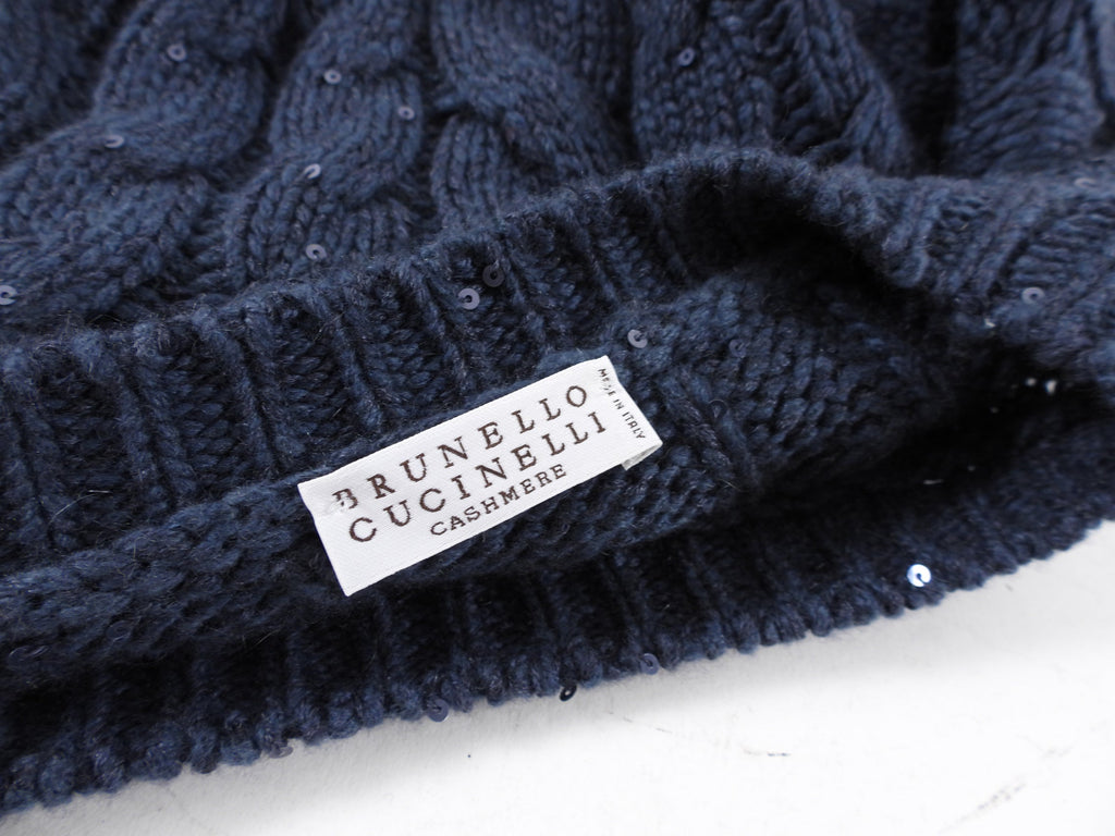 Brunello Cucinelli Navy Shimmer Sequin Cashmere Cable Knit Sweater - S