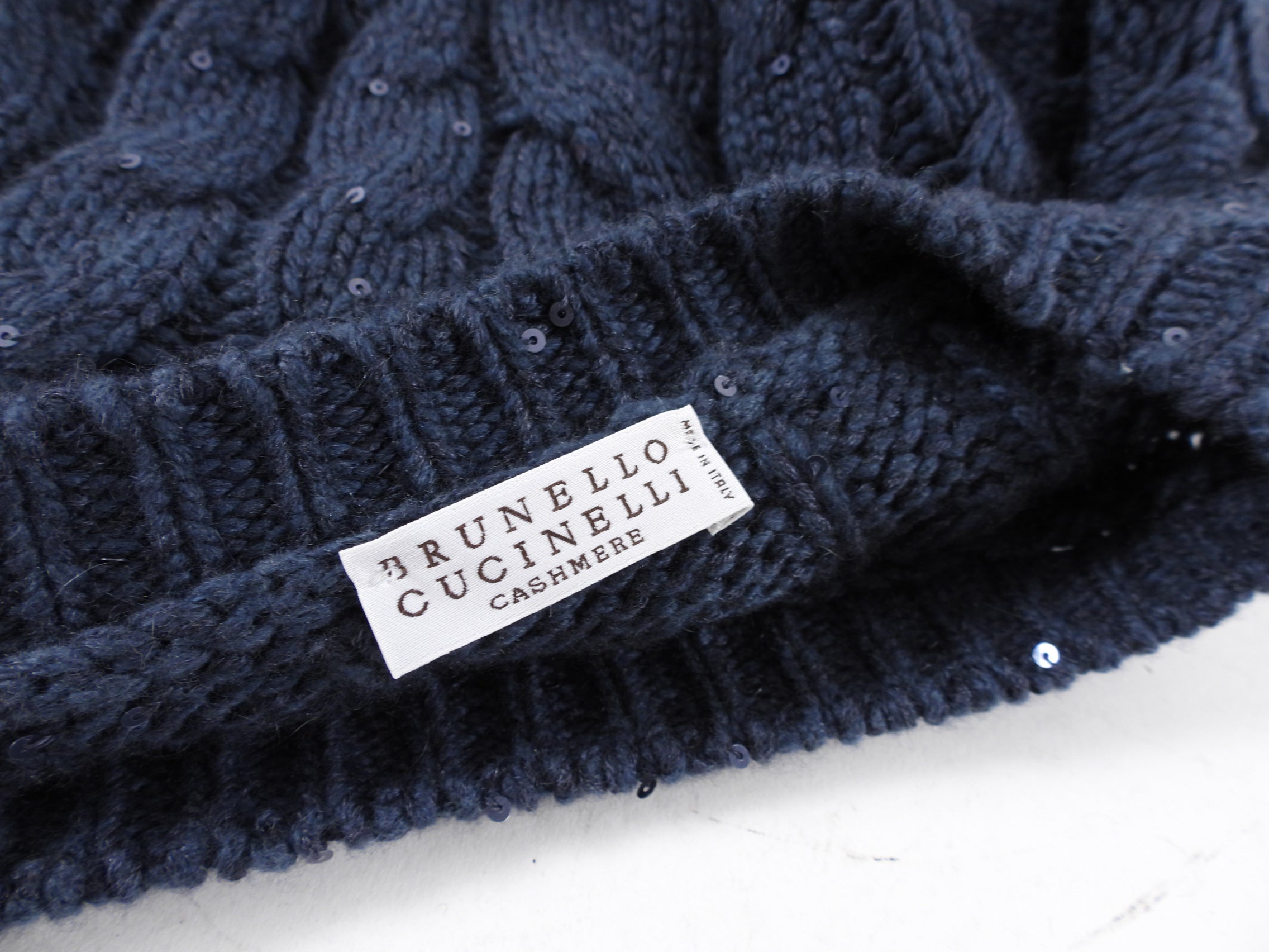 Brunello Cucinelli Navy Shimmer Sequin Cashmere Cable Knit Sweater - S