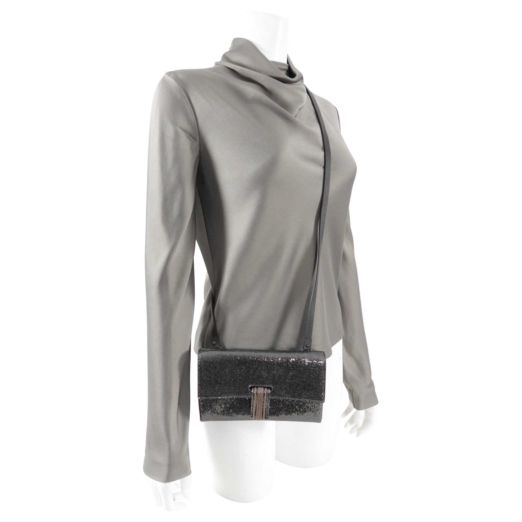 Brunello Cucinelli Charcoal Grey Monili Wallet on Strap Crossbody Bag