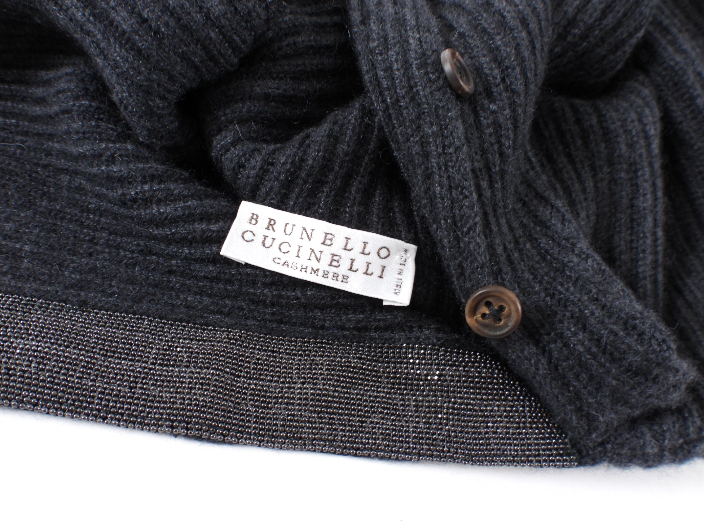 Brunello Cucinelli Charcoal Grey Cashmere Sweater with Monili Trim - M