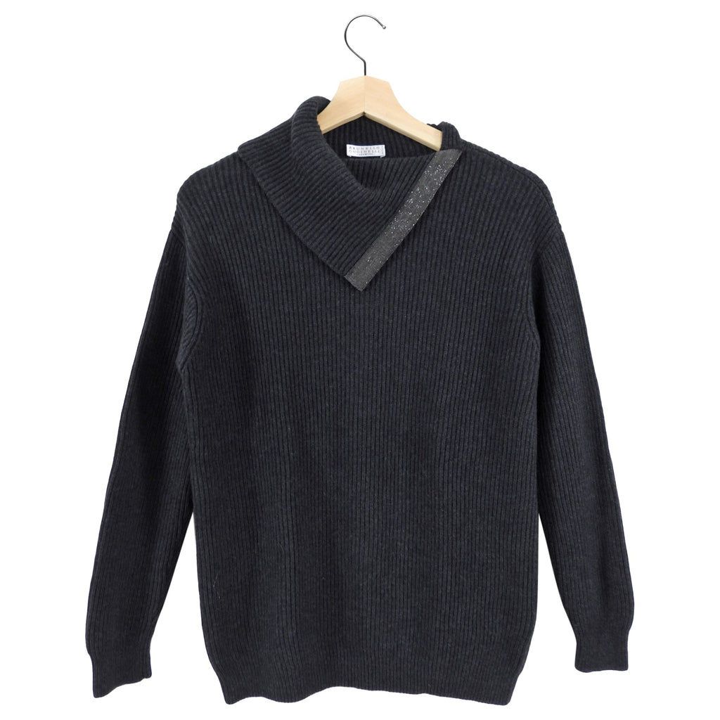 Brunello Cucinelli Charcoal Grey Cashmere Sweater with Monili Trim - M