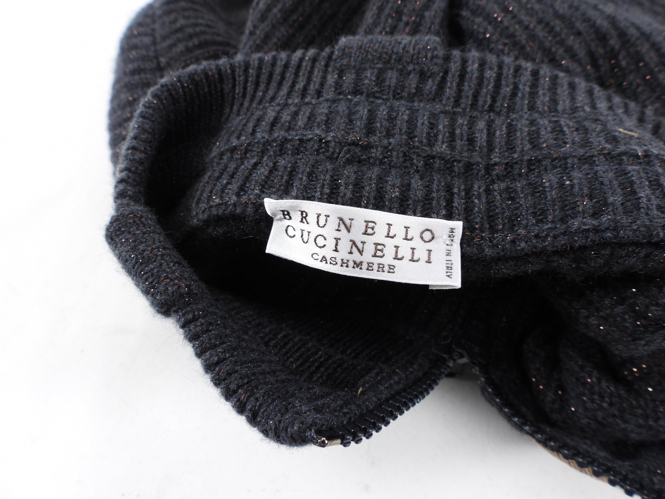Brunello Cucinelli Dark Grey and Copper Monili Zip Cashmere Sweater - S