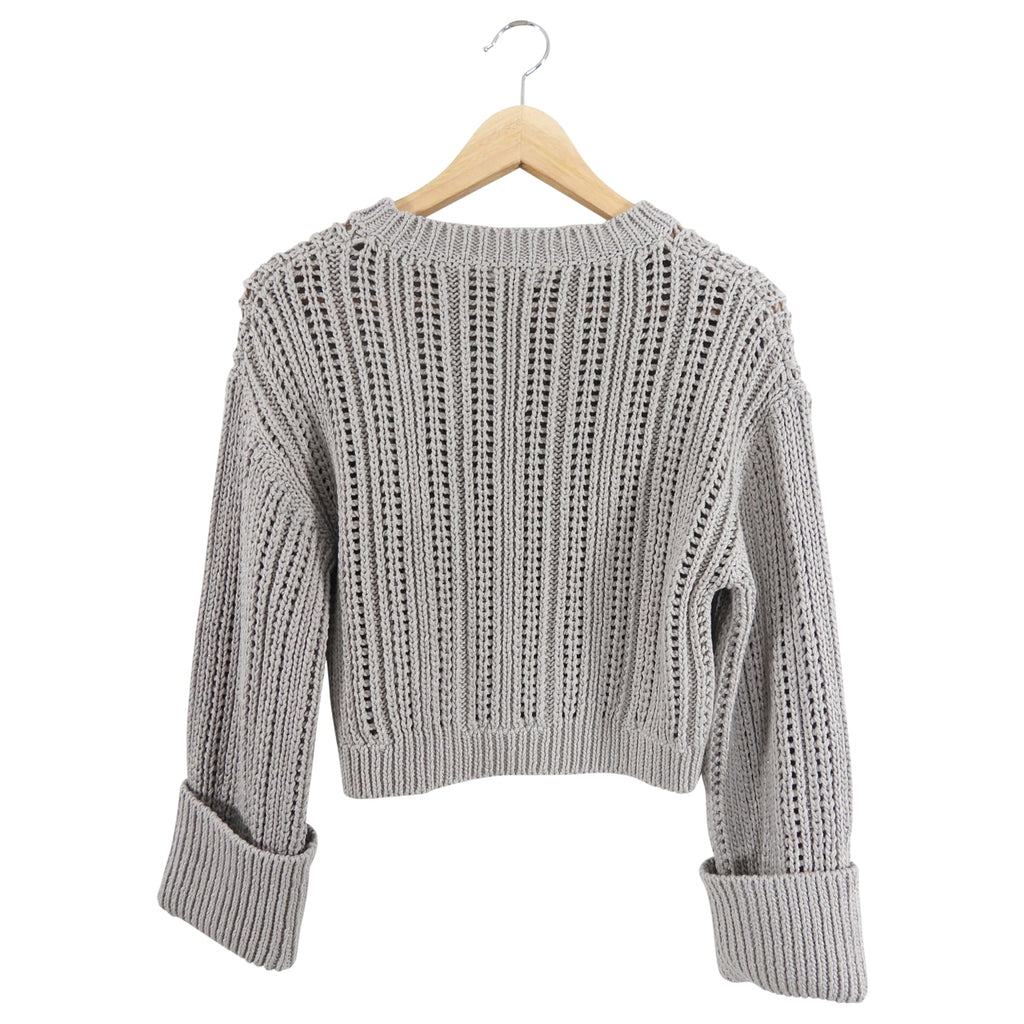 Brunello Cucinelli Grey Crop Knit Sweater with Cuffed Sleeves - S