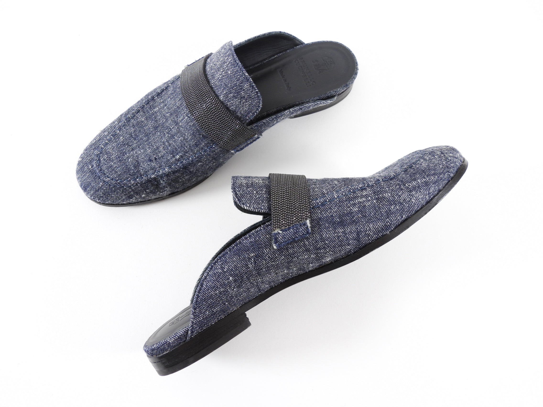 Brunello Cucinelli Denim Monili Bead Flat Slipper Mules - 38.5 / 8