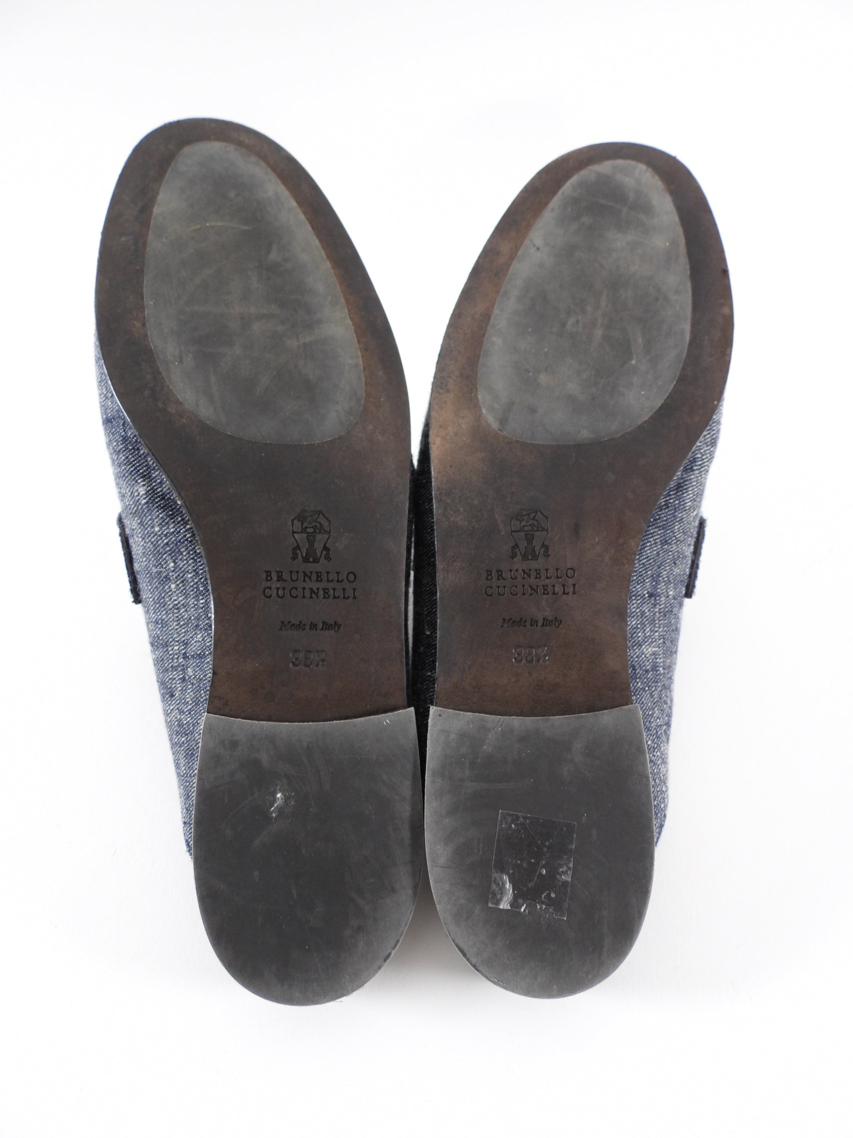 Brunello Cucinelli Denim Monili Bead Flat Slipper Mules - 38.5 / 8