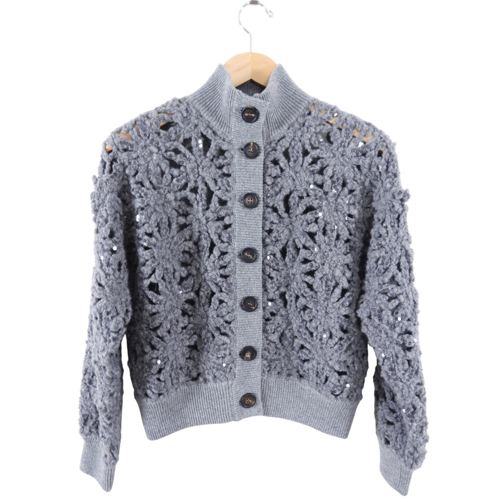 Brunello Cucinelli Grey Open Knit Sequin Short igan Sweater - S (4/6)
