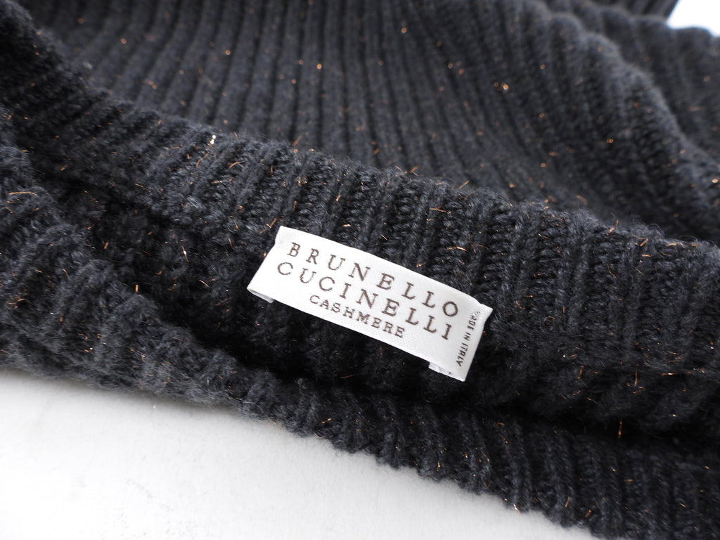 Brunello Cucinelli Smoke Grey Cashmere Sweater with Copper Fleck Thread - S