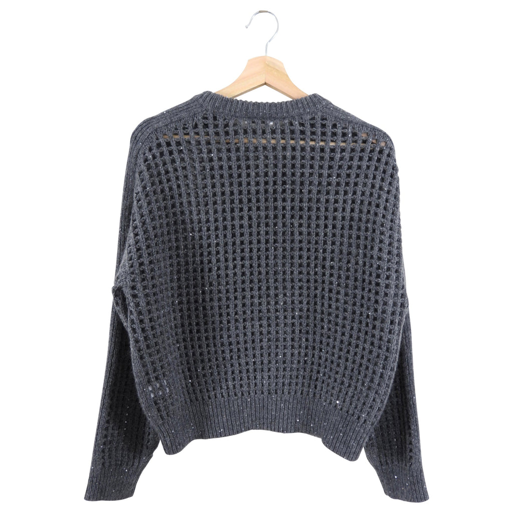 Brunello Cucinelli Grey Grid Knit Cashmere Sequin Shimmer Sweater - S
