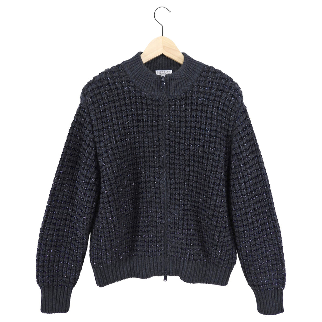 Brunello Cucinelli Charcoal Grey Shimmer Knit Zip Sweater - S
