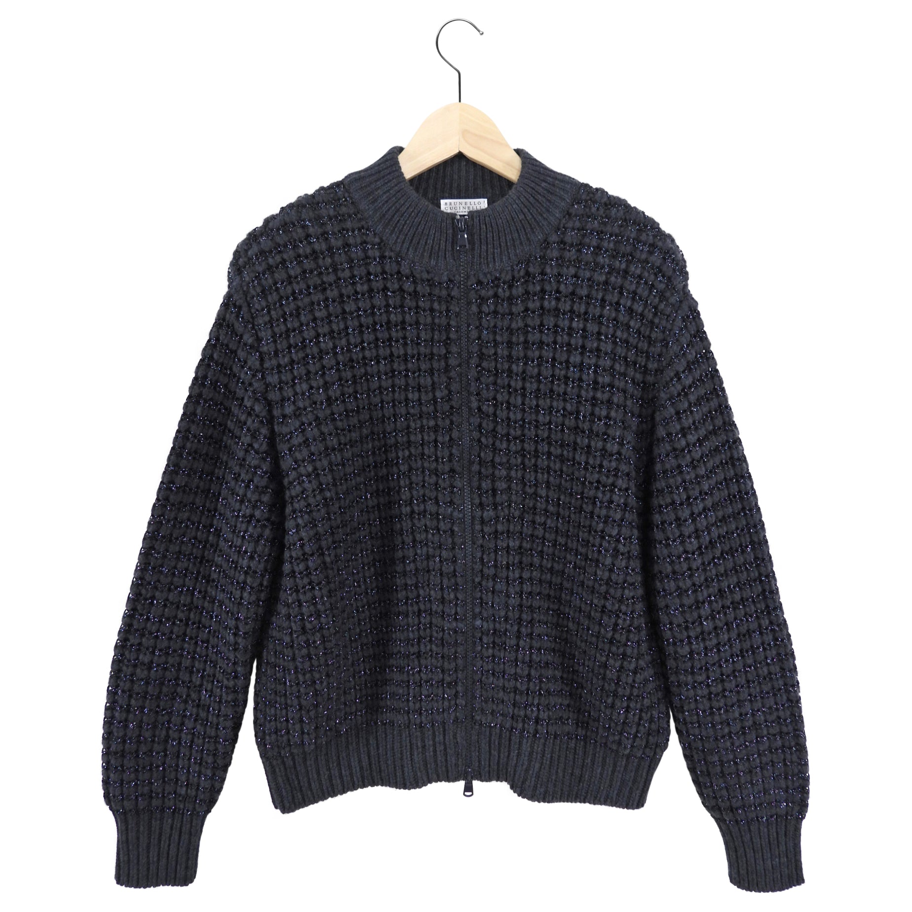 Brunello Cucinelli Charcoal Grey Shimmer Knit Zip Sweater - S