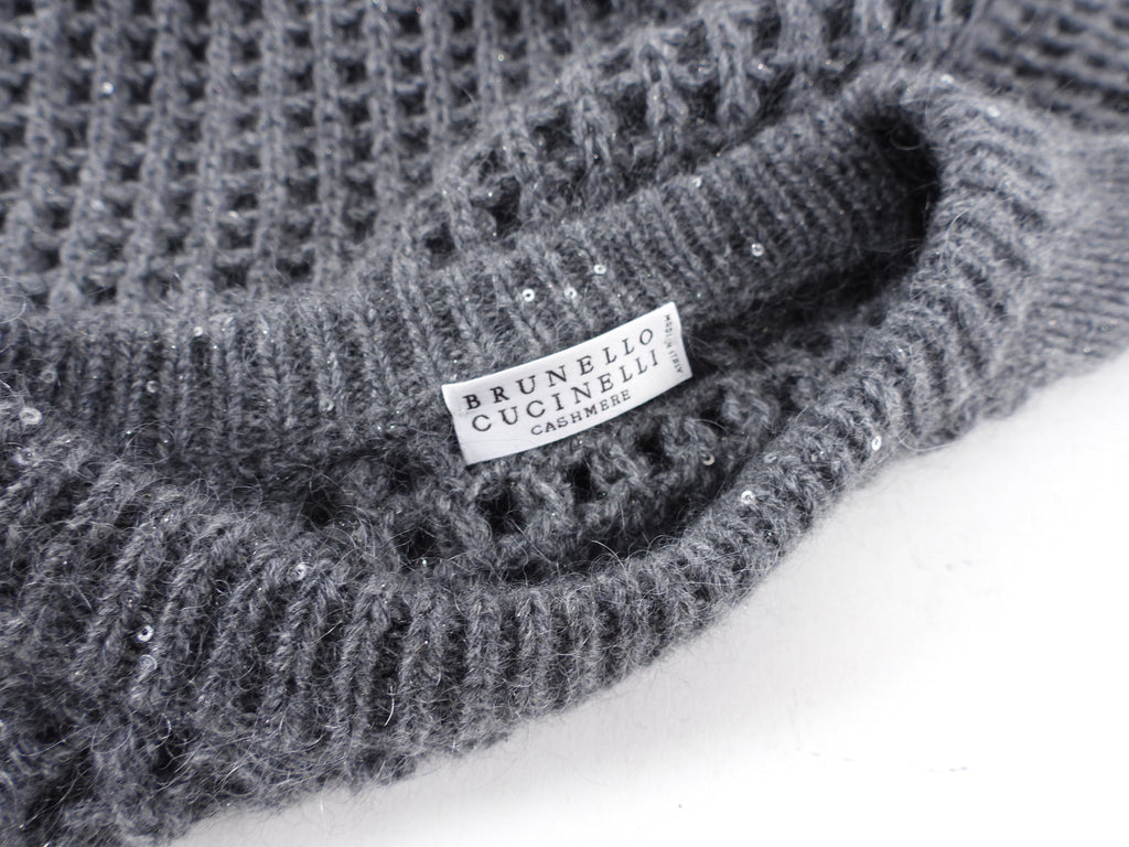 Brunello Cucinelli Grey Grid Knit Cashmere Sequin Shimmer Sweater - S