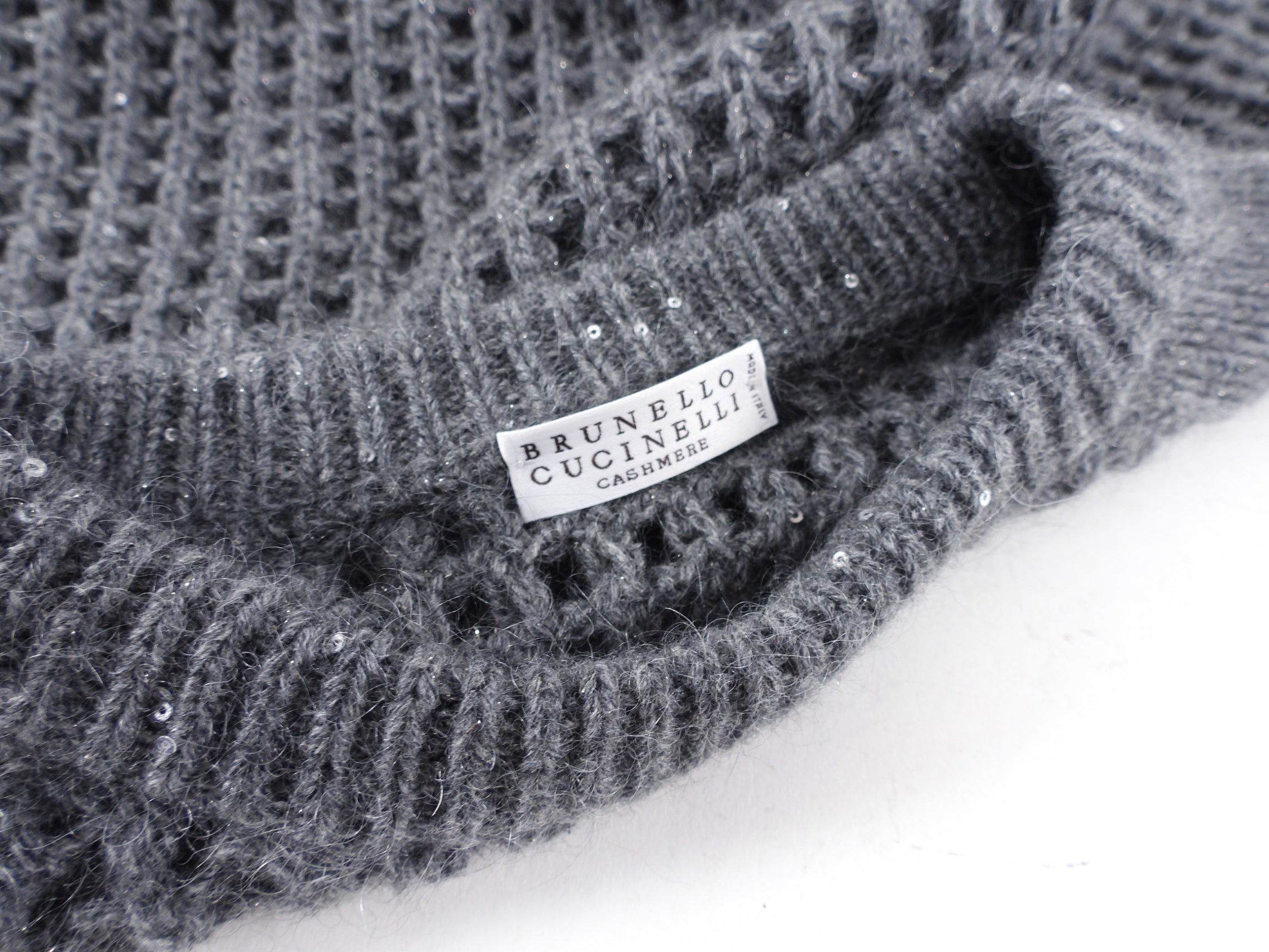Brunello Cucinelli Grey Grid Knit Cashmere Sequin Shimmer Sweater - S