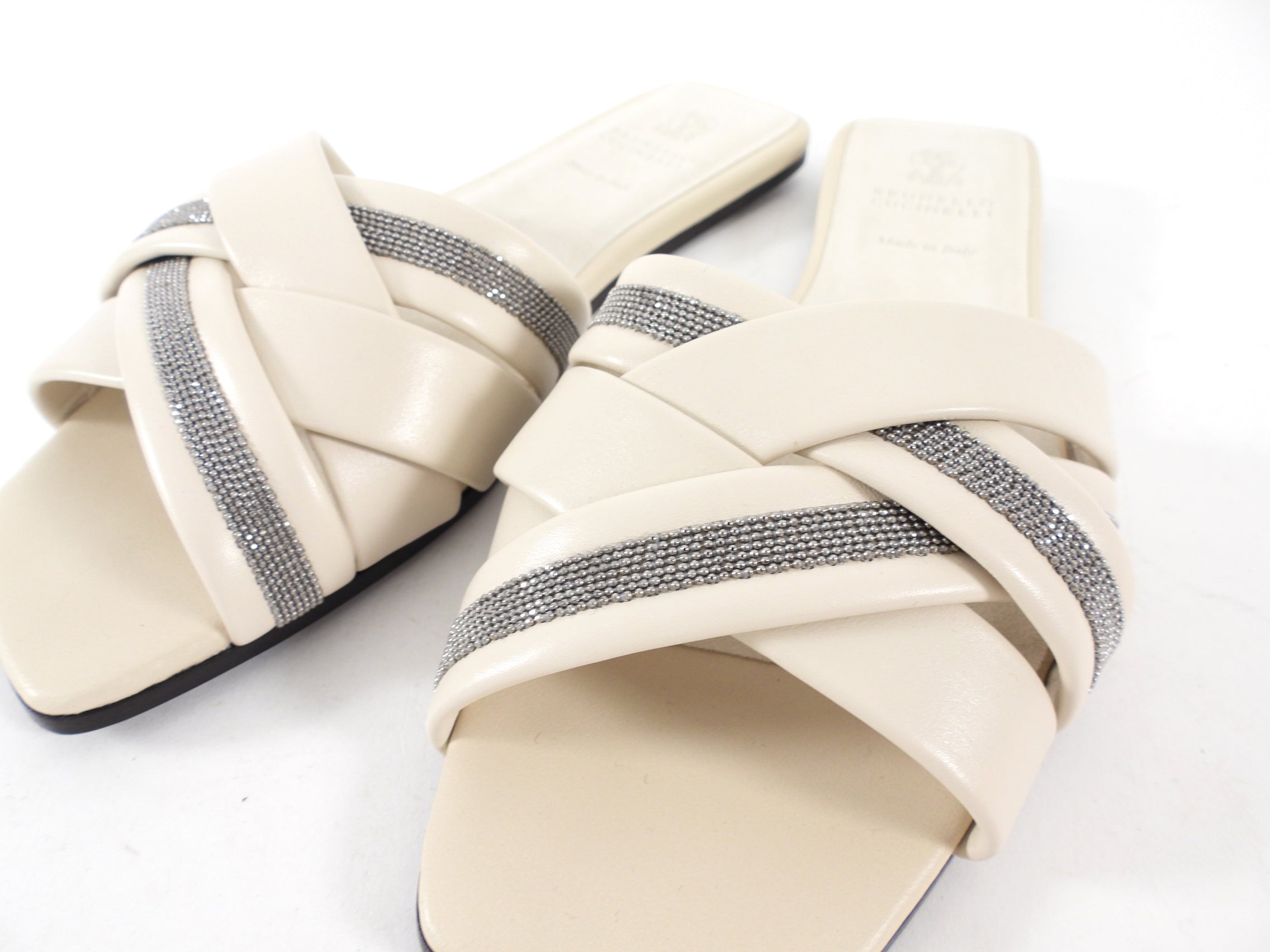 Brunello Cucinelli Ecru Monili Crossover Flat Sandals - 37