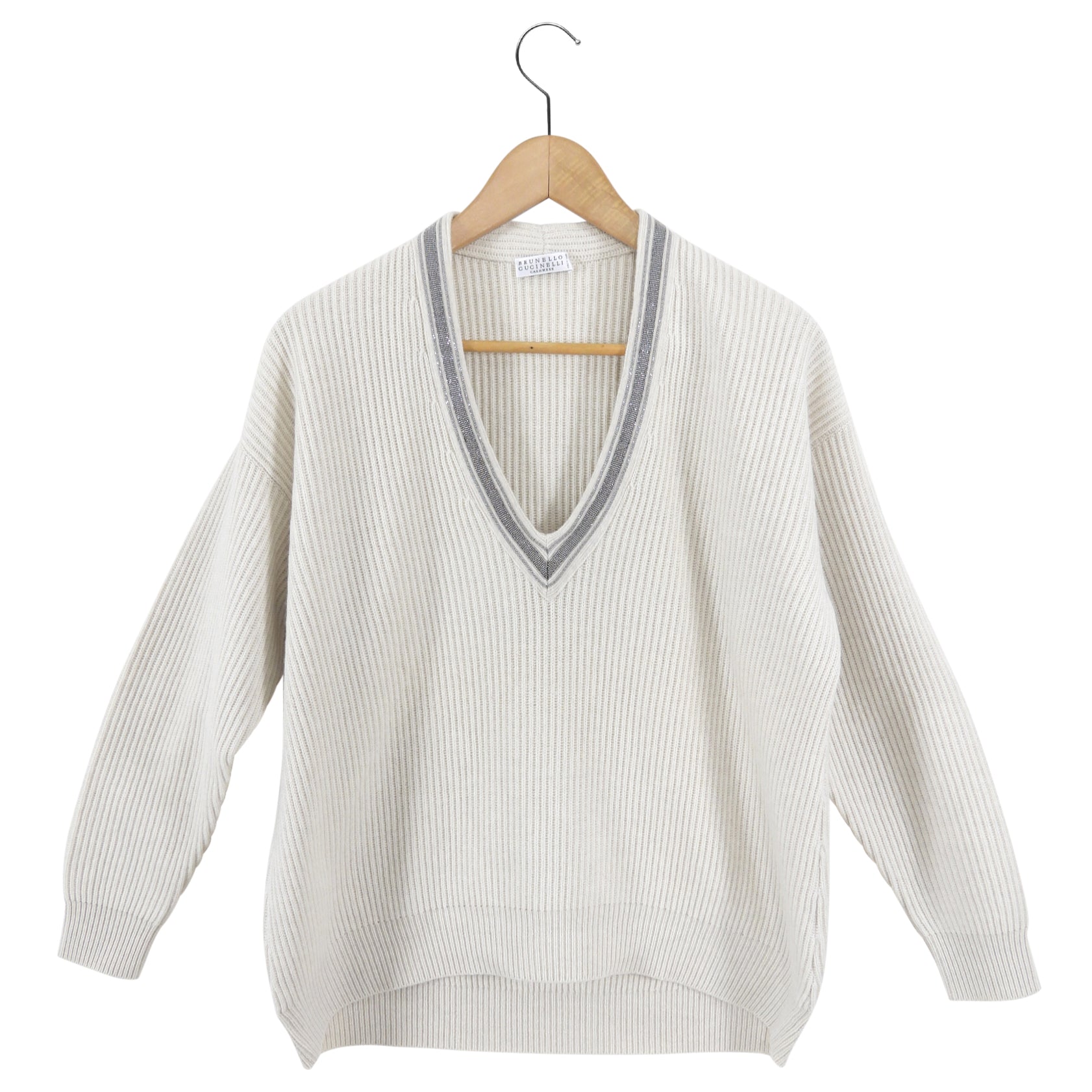 Brunello Cucinelli Bone Cashmere Knit V Neck Monili Sweater - S