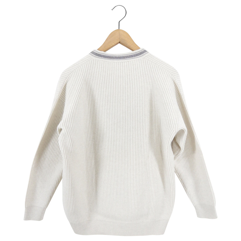 Brunello Cucinelli Bone Cashmere Knit V Neck Monili Sweater - S