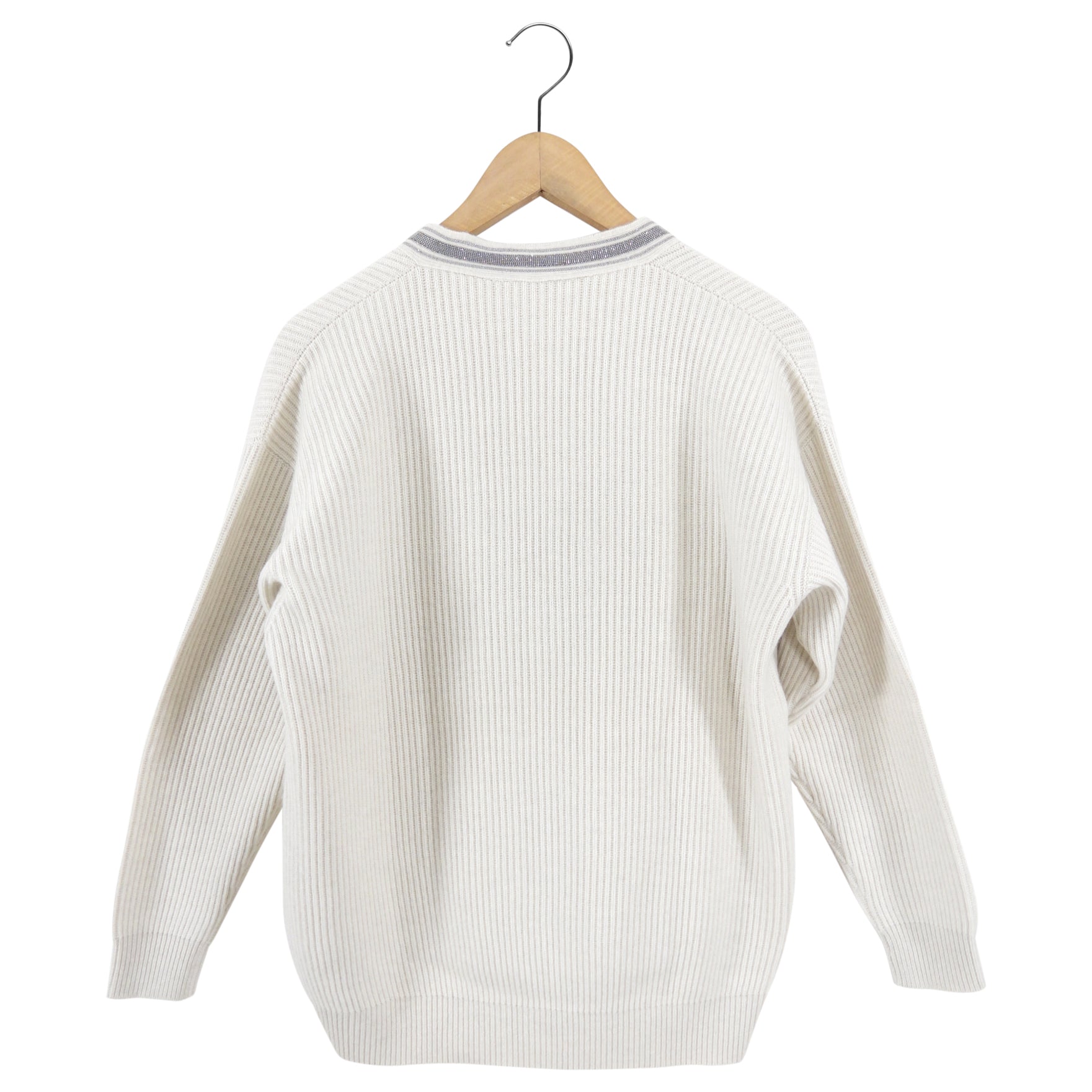 Brunello Cucinelli Bone Cashmere Knit V Neck Monili Sweater - S