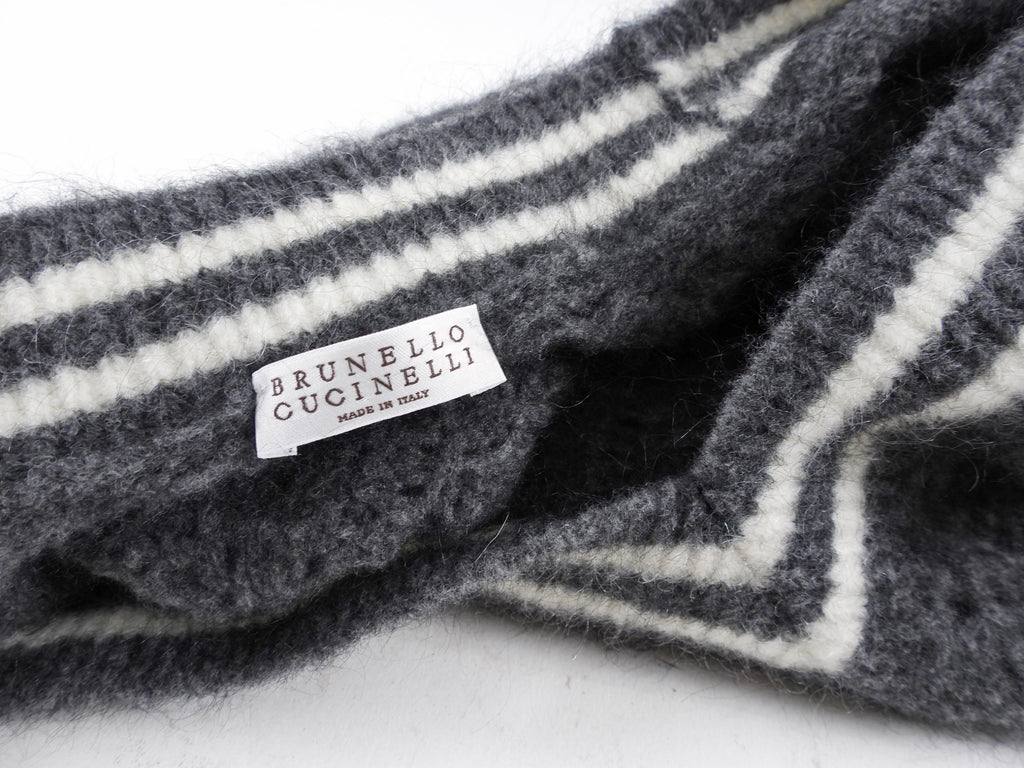 Brunello Cucinelli V Neck Grey Open Knit Mohair Blend Sweater