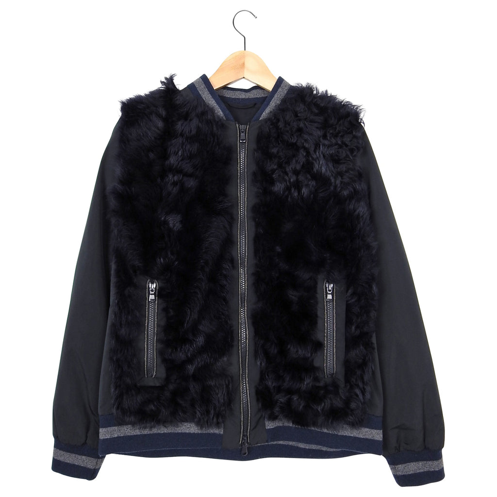 Brunello Cucinelli Navy Curly Lamb Fur Bomber Jacket