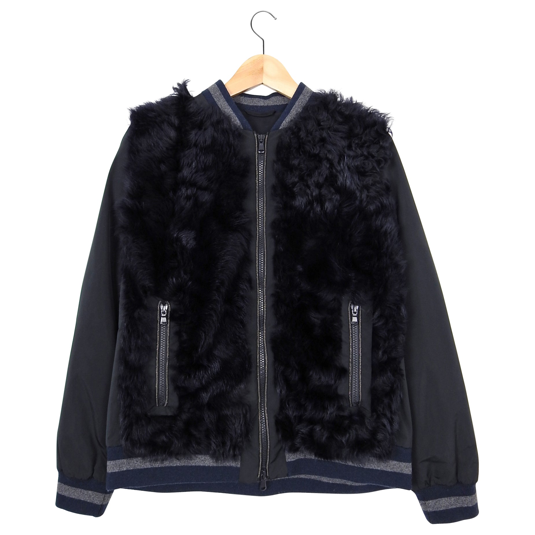 Brunello Cucinelli Navy Curly Lamb Fur Bomber Jacket