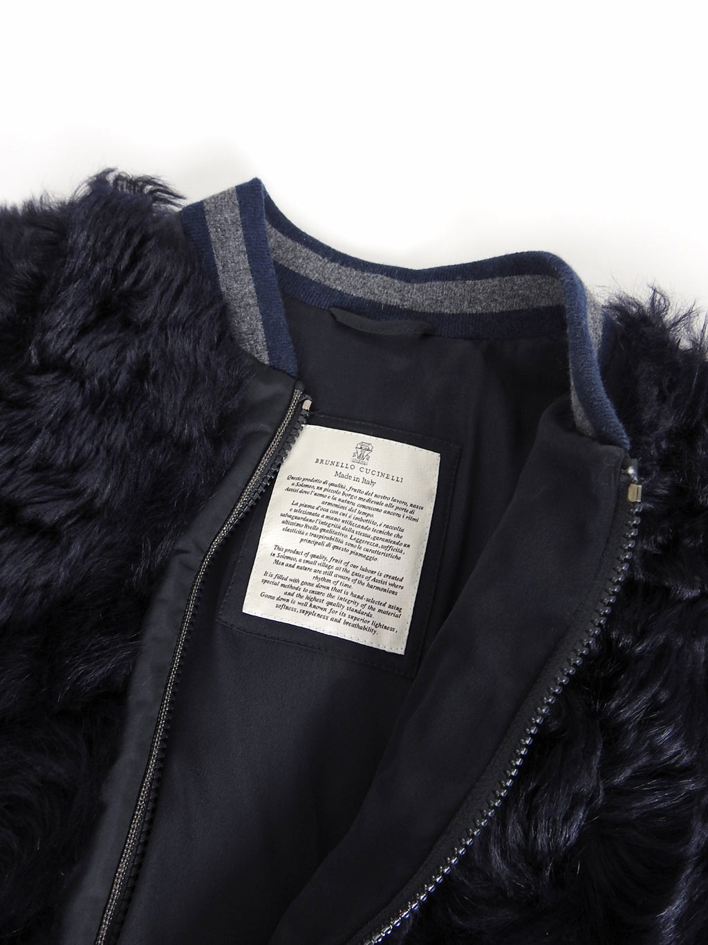 Brunello Cucinelli Navy Curly Lamb Fur Bomber Jacket