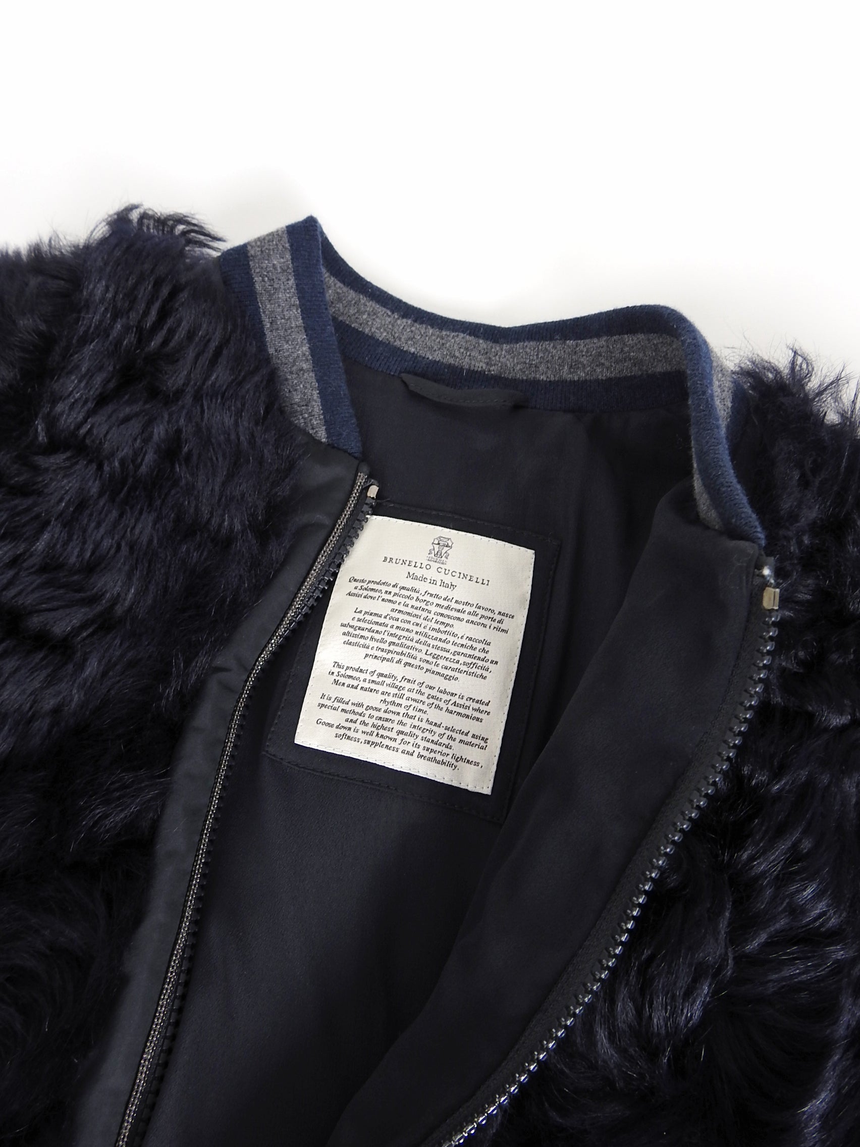 Brunello Cucinelli Navy Curly Lamb Fur Bomber Jacket